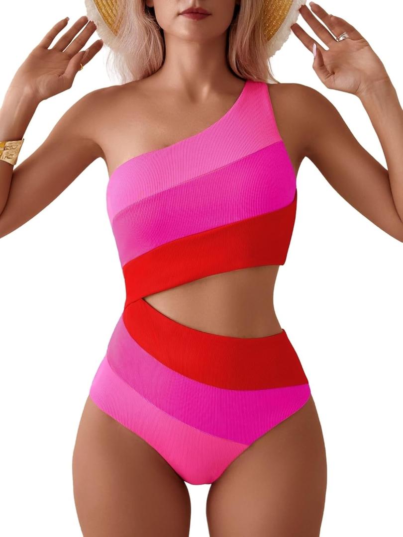 TASHEHE Women's One Shoulder One Piece Swimsuit Sexy Neon Color Block Bathing Suit Modest Full Coverage Cutout Swimwear (Pink, Small)