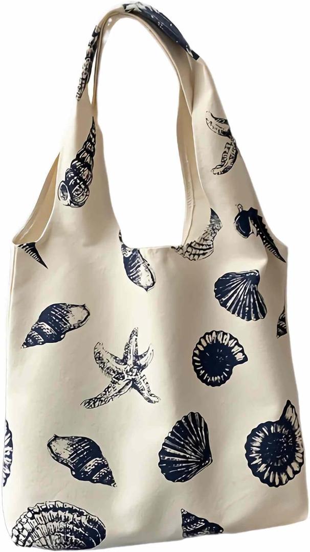 Beach Inspired Canvas Tote Bag For Women, Nautical Seashell And Starfish Print, Casual Shoulder Bag Aesthetic, Cute Small Book Tote, Portable Washable For Women Grocery Shopping Gift For Birthday Day
