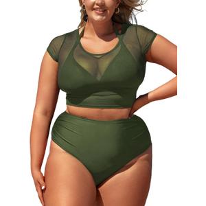CUPSHE Women Swimsuit Plus Size Bikini Set Three Piece High Waisted Sheer Mesh Top Halter Ruched Bottom (Forest Green) XXL