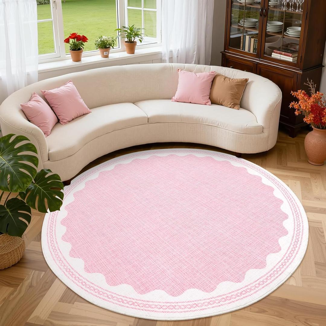 Scalloped Edge Solid Pink 6ft Round Rug Circle Modern Minimalism Washable Non-Slip Soft Ultra-Thin Carpet for Living Room Kitchen Bedroom Nursery Dining Room