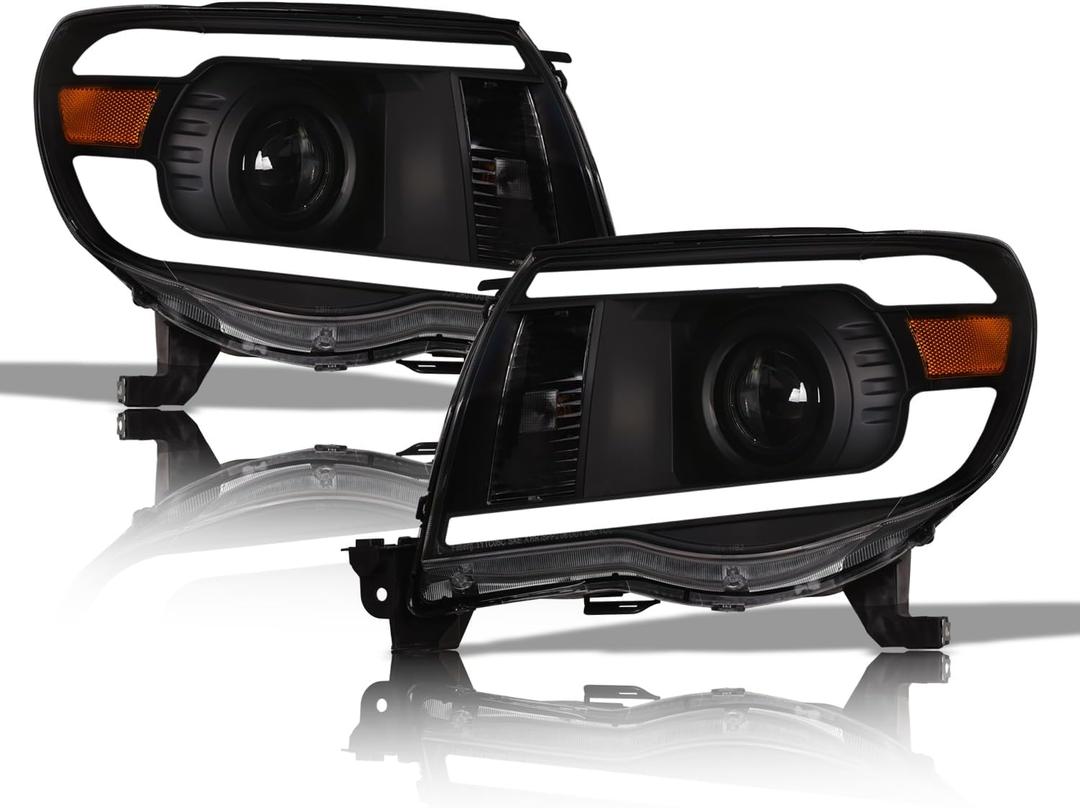 Alpha Owls 8717776 Projector Headlights With White LED Light Bar - Black Amber Fits 2005-2011 Toyota Tacoma