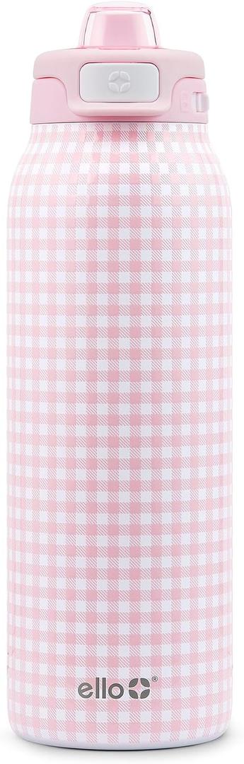 Ello Pop & Fill 32oz Stainless Steel Water Bottle with QuickFill Technology, Double Walled and Vacuum Insulated Metal, Leak Proof Locking Lid, Straw and Chug, Reusable, BPA Free, Pink Gingham