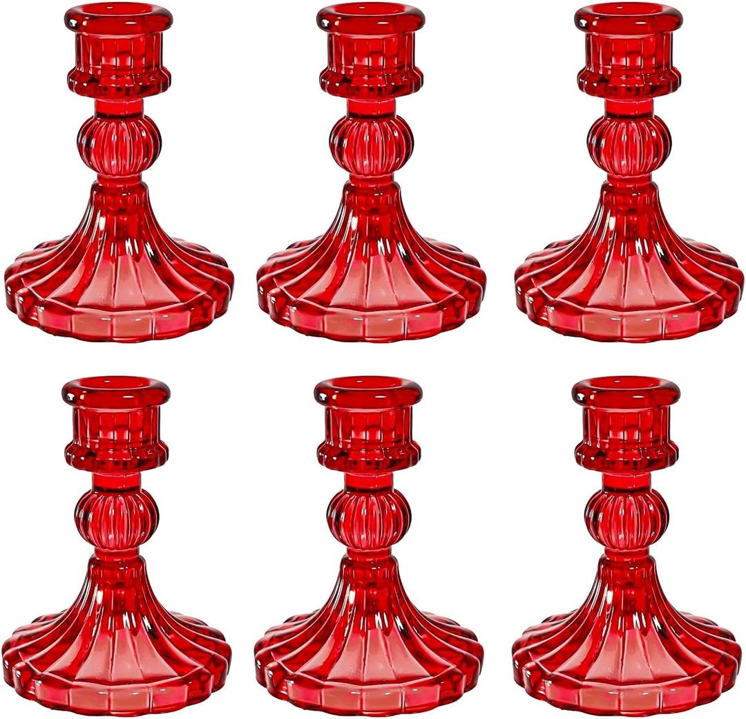Glass Candlestick Holder,Striped Taper Candle Holders,Set of 6 Candle Stand for Table Centerpieces, Home Decor,Weddings,Festival and Parties (Red Stripe Pattern)