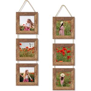 4x4 Collage Picture Frames Set of 2, Rustic Wooden Real Glass Vertical Hanging 3 Opening 4 by 4 Photo Frame, Rustic Brown