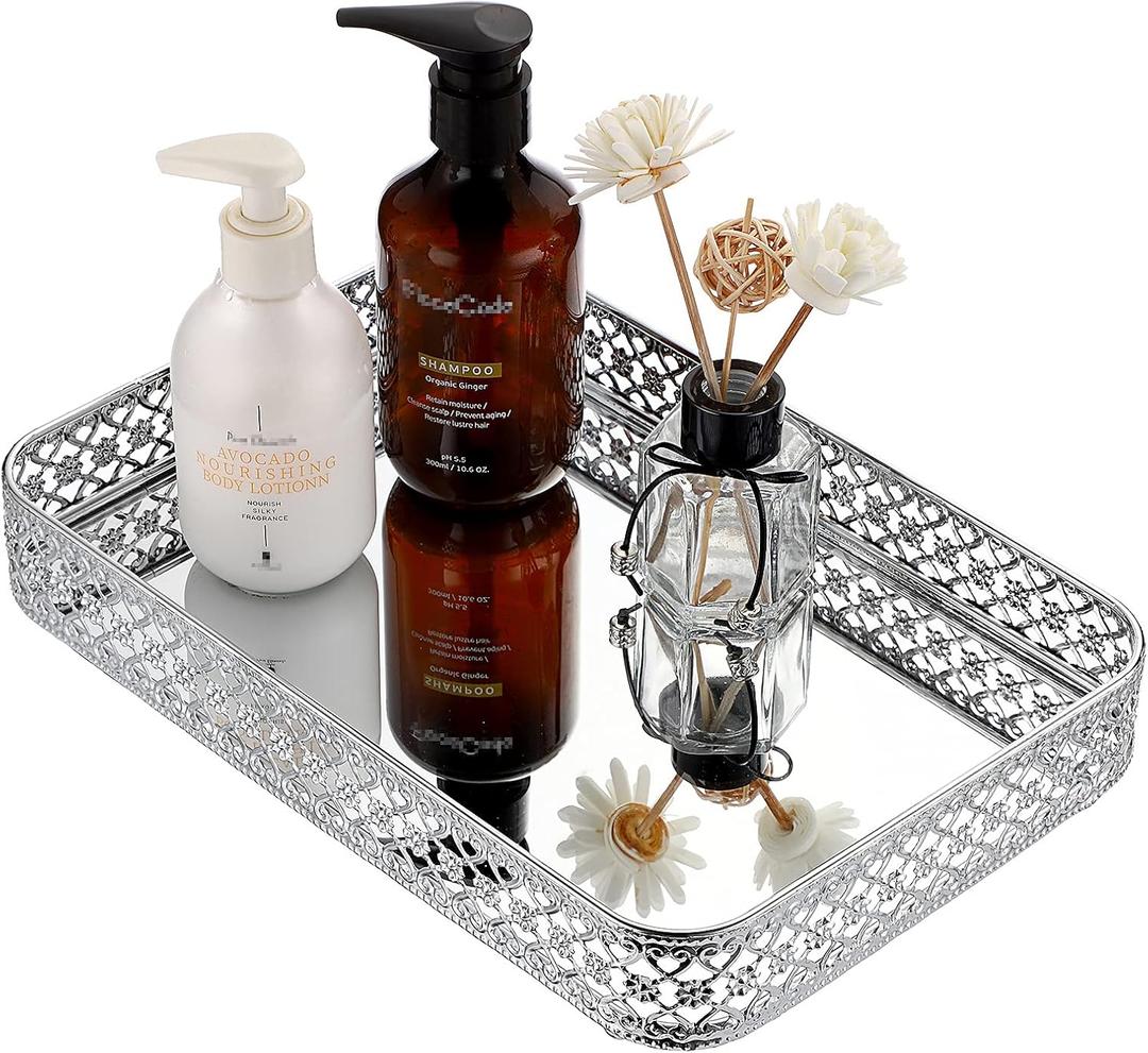 ELLDOO Perfume Mirror Tray Vanity Makeup Hollow-Carved Jewelry Organizer Glass Metal Trinket Storage Tray Home Decor Organizer for Dresser Bathroom Countertop, Silver, Medium Size (11.8" x 7.9" x 2")
