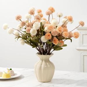 Fake Fall Flowers for Vase, Faux Silk Kiku Mums, Artificial Pom pom Floral Bouquets Indoor Centerpiece Office Coffee Table Boho Home Decorations (9, Mixed Cream)