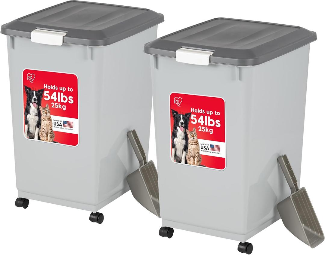 IRIS USA Dog Food Storage Container 54 lbs, 2-Pack with Wheels, Airtight Lid, 2-Cup Scoop, Double Pet Food Storage, Built in Scoop Storage in Lid, Versatile Pet Food Bin, Portable, Gray/Dark Gray