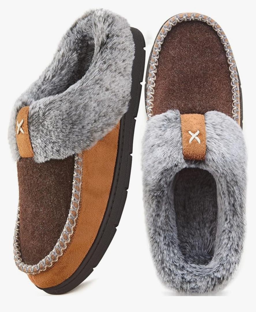 Men's Slip On Moccasin Slippers Memory Foam Fuzzy Slippers for Men Wool-Like Plush Fleece Lined Bedroom House Shoes for Indoor/Outdoor Anti-Skid Rubber Sole Home, Mens 9-10