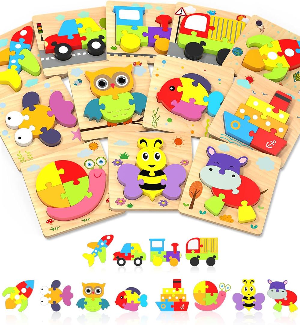Yetonamr Wooden Toddler Puzzles Gifts Toys for Boys Girls, 12 Vehicle Shape Montessori Toy Educational Blocks Kids Toys Gift Baby Learning Toy