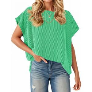 Tankaneo Womens Oversized T-Shirts Summer Casual Ribbed Knit Tunic Tops | Short Cap Sleeve,Textured,Loose Fit Tees,Side Slit,Crew Neck,Solid (Green, XL)