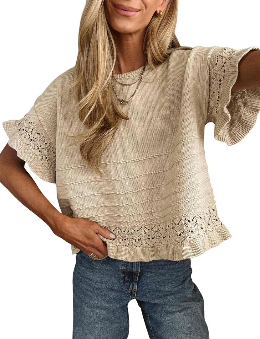 Yeokou Womens Short Sleeve Sweater Round Neck Ruffled Hem Knit Crochet Pullover Summer Fall Casual Top Blouse (Beige, XL)