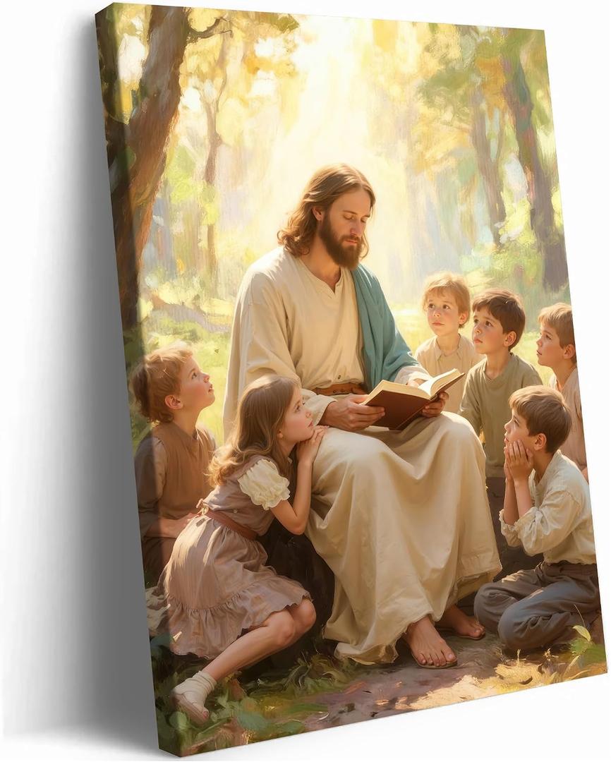 Jesus With Children Canvas Wall Art Vibrant Christian Kids Room Wall Decor Pictures Religious Jesus Teaching Children poster Print for Bedroom Church Sunday School Ready to Hang