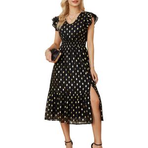 GRACE KARIN Women's V Neck Ruffle Sleeve Summer Dress 2025 Split Flowy Tiered Midi Dress Wedding Guest Cocktail Dresses (Black-polka Dot) L