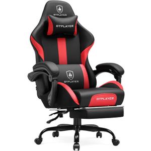 GTRACING Gaming Chair with Foot Rest & Pocket Spring Cushion, Ergonomic High Back Computer Chair with Headrest & 360-Swivel Seat for Home Office Desk, PU Leather, Red