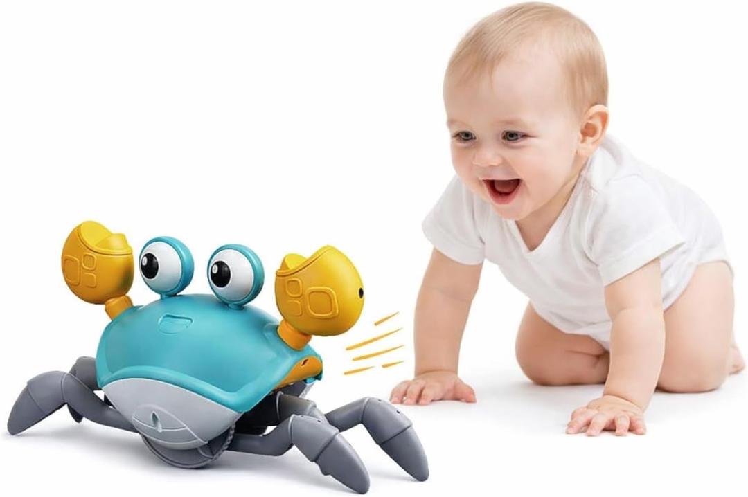 SKY-TOUCH Electric Runaway Crab Crawling Crab Baby Toy with Music and LED Light Up Toddler Interactive Learning Development Toy with Automatically Avoid Obstacles For Babies, Toddlers and Kids