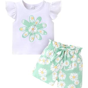 YOUNGER TREE Toddler Baby Girl Clothes Ruffle Short Sleeves T-Shirt Tops and Shorts Set Cute Summer Outfits (6-12 Months)
