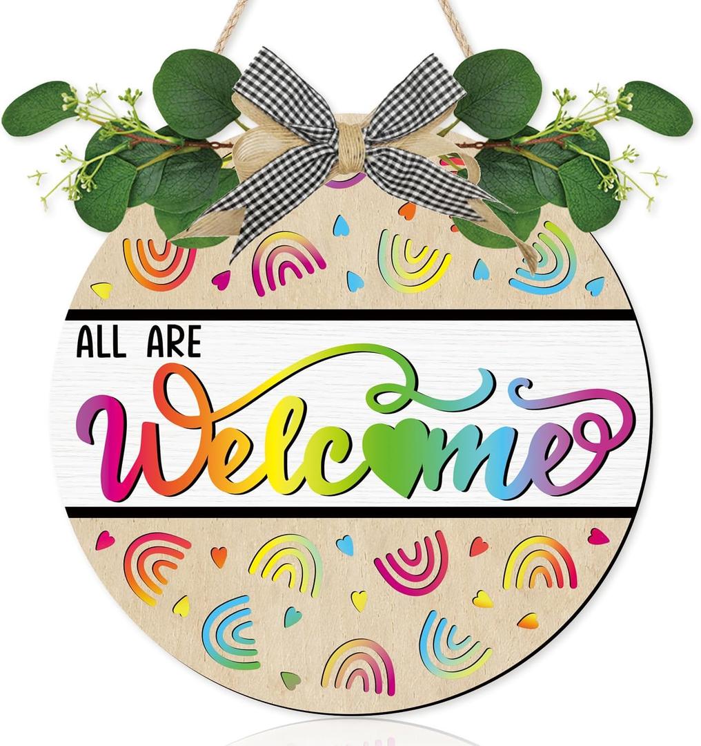CHDITB 3D All Welcome Rainbow Door Sign Wreath(12"x12"), Colorful Classroom Teacher Decoration Wall Hanging with Green Leaves Bow, Wooden Back to School Decor Hanger for Daycare Preschool
