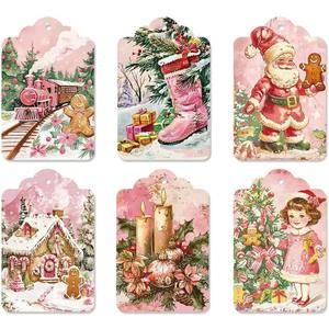 2 x 60PCS Christmas Gift Tags Pink- Hanging Tags Labels with String for Xmas Winter DIY Christmas Holiday Party Gift 6 Designs