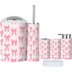Bathroom Accessory Set 6 Piece Boho Cute Coquette Seamless Pattern Bow Delicate Pink Trendy Patterned Trash can, Toothbrush Holder, Soap Dispenser, Soap Dish, Toothbrush Cup, Toilet Brush Holder (Multi9)