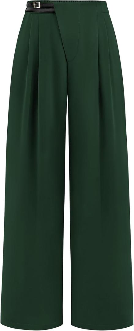 PRETTYGARDEN Women's Wide Leg Dressy Pants High Waisted Fashion Business Casual Work Office Trousers Palazzo Pant (12, Dark Green)