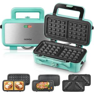 FOHERE Waffle Maker 3 in 1 Sandwich Maker 1200W Panini Press With Removable Plates and 5-gear Temperature Control, Non-stick Coating Easy to Clean,Indicator Lights, Blue (Light blue)