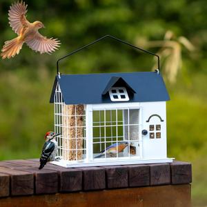 Caged Bird Feeder House, Squirrel-Proof Bird Feeders, Multi-Purpose Seed&Suet Wild Bird Feeders, Metal, 3Lb Seed Capacity+2 Suet Cake, Large Birds Proof Outdoor Hanging, White