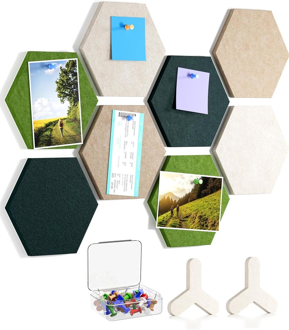 MaxGear 8Pcs Hexagon Felt Cork Board Tiles, Green Self-Adhesive DIY Bulletin Board Pin Board for Office School Home Wall Decor Stickers Photos Display Memos (7.0" x 6.1")