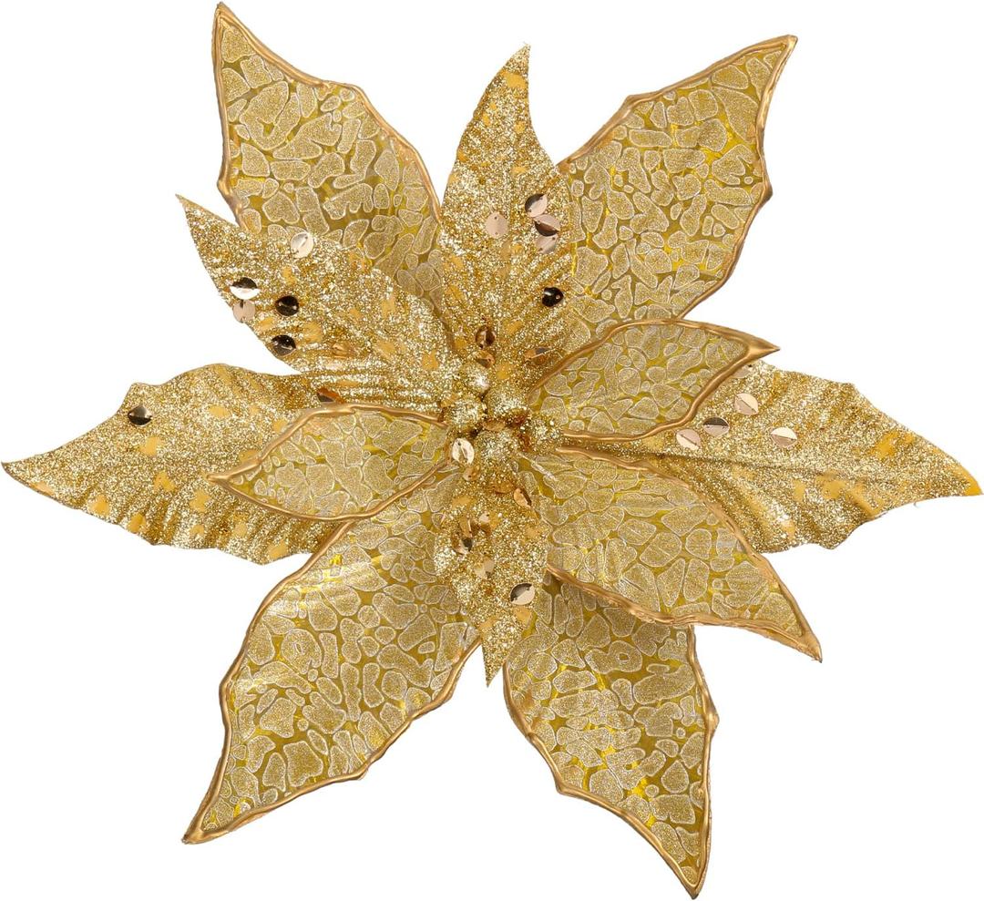 Briful 12'' Large Heads Christmas Glitter Poinsettia Flowers Christmas Tree Ornaments Set of 4 Artificial Flowers with Long Stems for Xmas Tree Party DIY Holiday Decorations, Gold