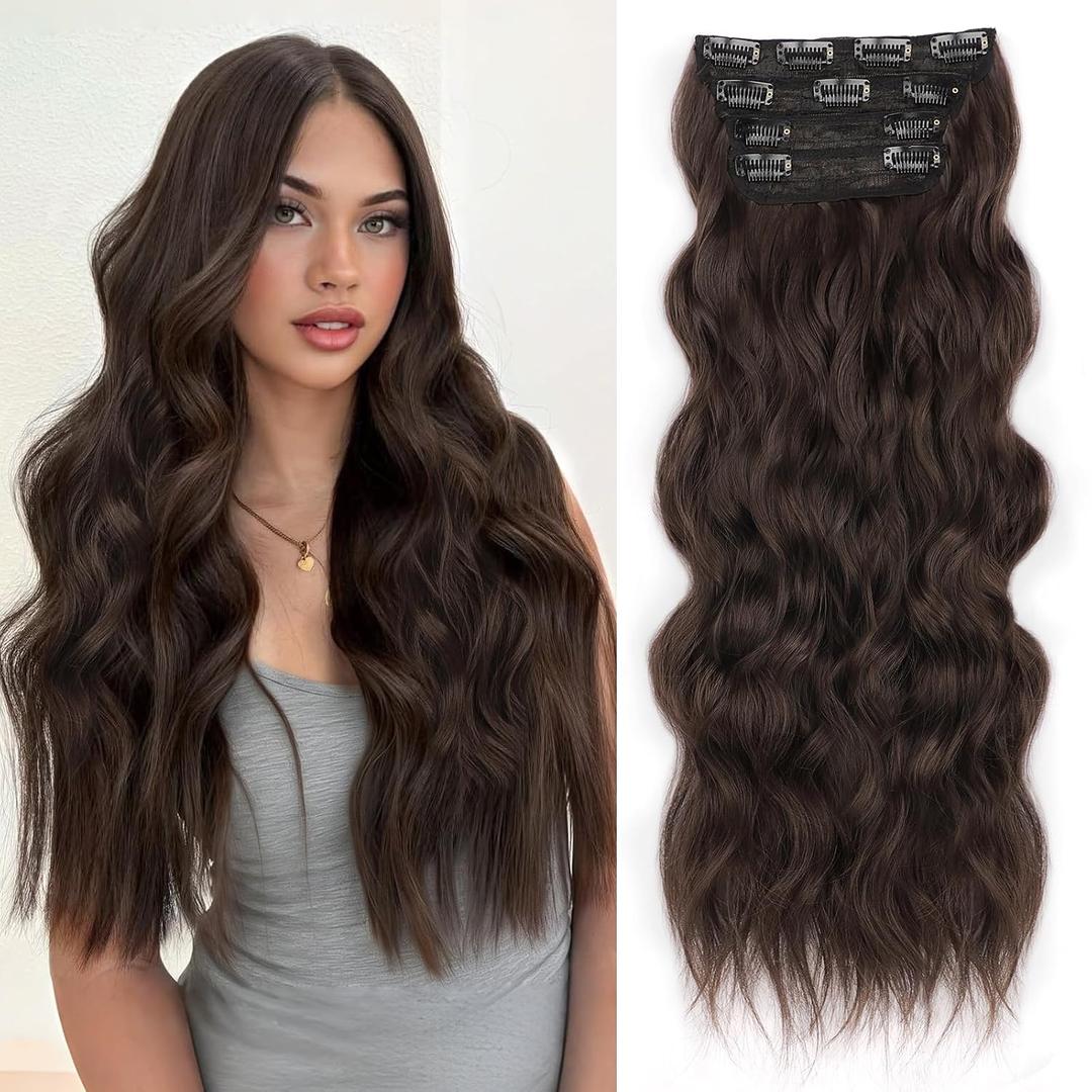ALXNAN Clip in Long Wavy Synthetic Hair Extension 24 Inch Deep Chocolate Brown with Reddish Brown Highlights 4PCS Thick Hairpieces Fiber Double Weft Hair for Women