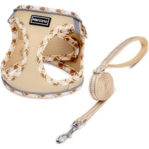 Mercano Soft Mesh Dog Harness and Leash Set, No-Chock Step-in Reflective Breathable Lightweight Easy Walk Vest Harnesses with Safety Buckle for Small Dogs, Cats (Beige, L) (L (Chest: 17"-19"))