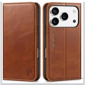 SHIELDON Genuine Leather Wallet Case for iPhone 17 Pro 6.3" 2025 | Flip Cover | Magnetic Closure | RFID Blocking Credit Card Holder | Kickstand | Shockproof Phone Cover | Retro Brown