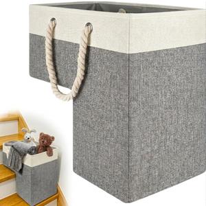 Stair Basket for Carpeted and Wooden Stairs - Foldable Staircase Basket for Stairs with Handle, Step Stairs Storage Basket for Toys, Clothes, Books, Tools, Magazine (Grey, 16" L x 10" W x 16" H) (Gray)