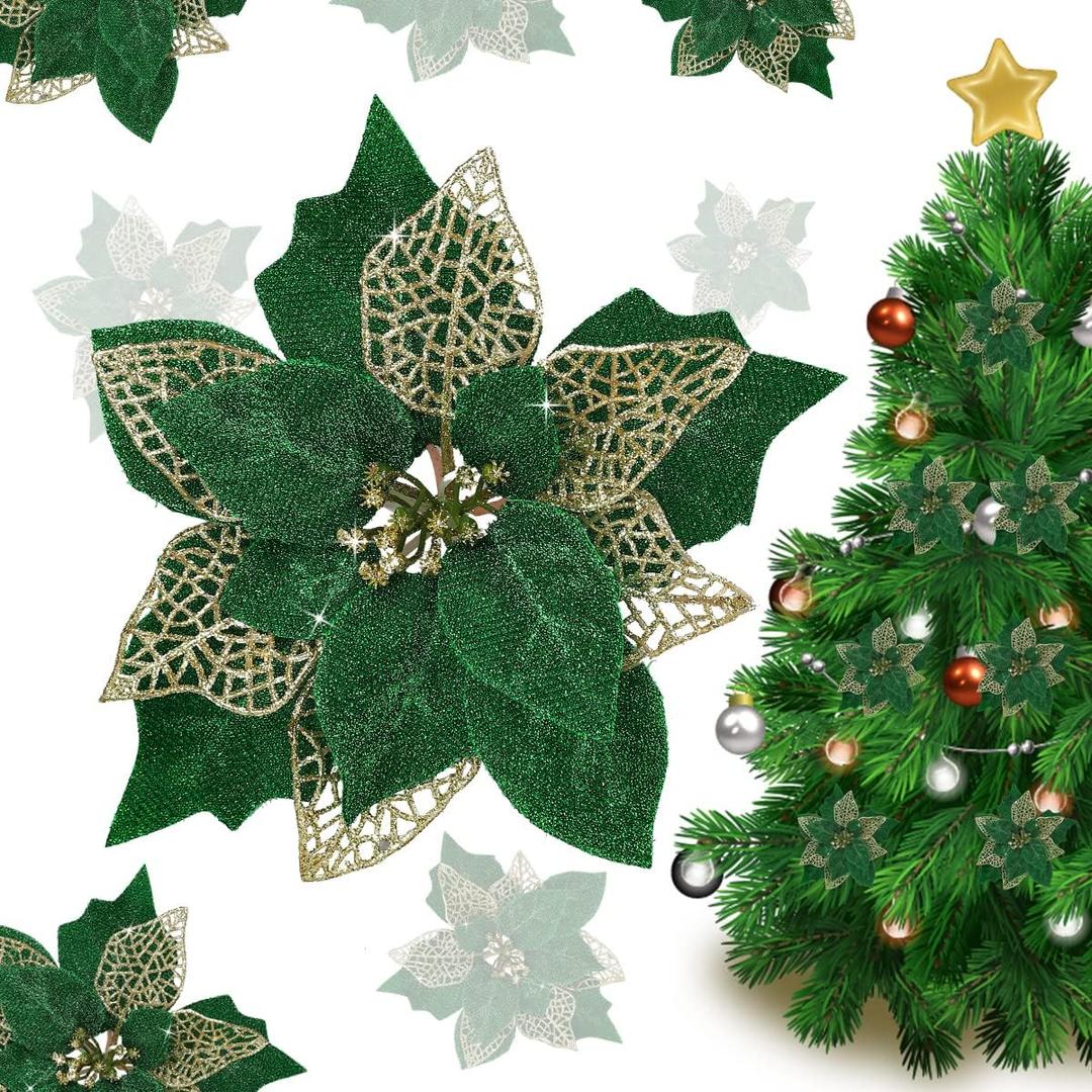 Jim's Cabin Artificial Flowers Pack of 12 Glitter Poinsettias for Christmas Tree Ornaments Butterfly Christmas Gold Decorations (Green)