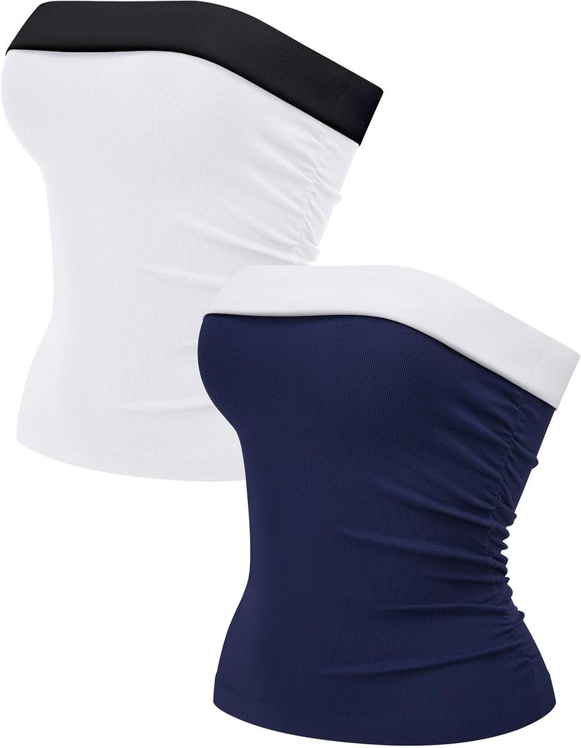 OLCHEE Womens 2PK Tube Tops Off Shoulder Seamless Ribbed Strapless Sleeveless Side Ruched Slim Fitted Summer Going Out Top (S)
