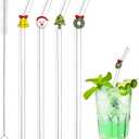4Pcs Christmas Glass Straws with Charms, Reusable Clear Drinking Straws with Colorful Christmas Design, Cute Glass Straw Shatter Resistant for Xmas Party Drinks Cocktail Beverages