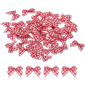 MECCANIXITY 100Pcs Mini Gingham Ribbon Bow 1" Checkered Fabric Satin Ribbon Bows for Craft DIY Hair Bow Sewing Wedding Birthday Party Red and White
