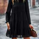 KIRUNDO Long Sleeve Baby Doll Dresses Women 2026 Casual Spring Summer Ruffle Mock Neck Tiered Mini Flowy Swing Shift Dress (Black), L