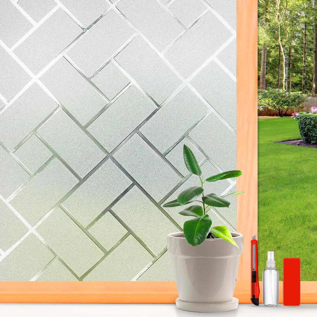 Window Privacy Film Frosted Glass Window Film Sun Blocking Window Tinting Film for Home, Static Clings Removable Frosting Bathroom Door Window Covering, 45.2 inch x 78.74 inch, White-grid