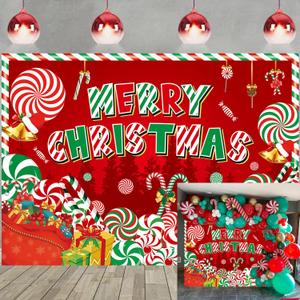 Peppermint Christmas Backdrop Merry Christmas Peppermint Candy Cane Lollipop Photography Background Kids Adults Xmas Birthday Winter Family Holiday Baby Shower Party Decoration (7x5FT)