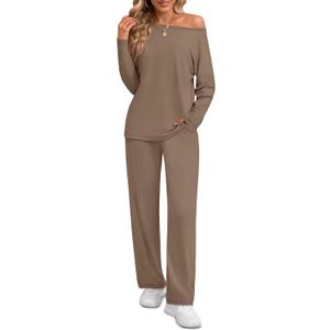 Ficerd 2 Piece Lounge Set for Women Fall Long Sleeve Outfits off Shoulder Tops Wide Leg Pants Pockets Casual Tracksuits Sets (Small, Khaki)