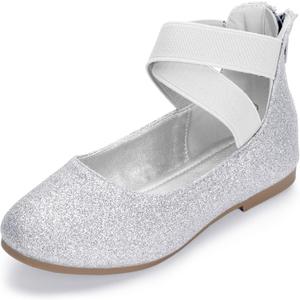 Hehainom Girls Dress Shoes Toddler Little Kids Gracy Ballet Mary Jane Ballerina Flats with Elastic Ankle Strap (Size 5 Big Kid, Silver Glitter)