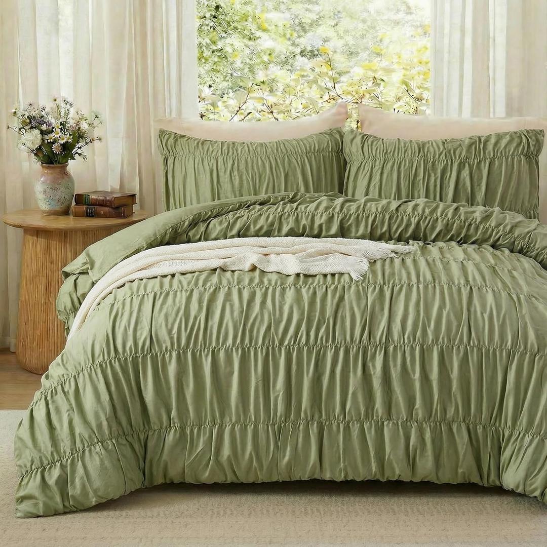 Bedbay Boho Queen Duvet Cover 100% Cotton, Ruched Bedding Comforter Cover Set, Avocado Green Pure Cotton Wrinkle Duvet Cover Queen, Bohemian Dorm Bedding Set 3 Pcs with 2 Pillowcases