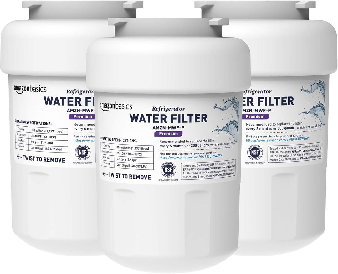 Amazon Basics Replacement GE MWF Refrigerator Water Filter for Filtration, NSF Certified, Compatible with GE and Kenmore, Premium Filtration, Easy to Install, Pack of 3