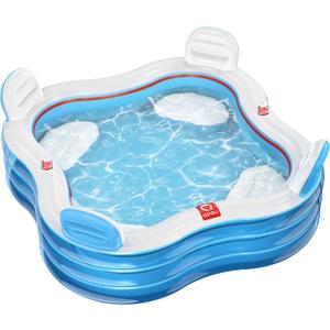QPAU Inflatable Swimming Pool, Full-Sized Blow Up Pool with Seats and Backrests, Kiddie Pool for Outdoor & Backyard, for Family Summer Time Fun, Clear Blue