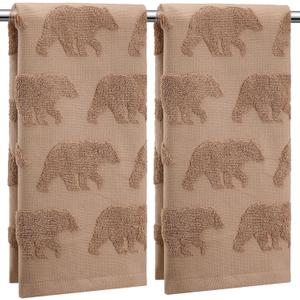 2 Pcs Bear Hand Towels for Bathroom, Brown Cabin Bear Woodland 100% Cotton Absorbent Jacquard Weave Decorative Towels for Bathroom Kitchen Decor Gift, 13.7 x 29.5 Inch