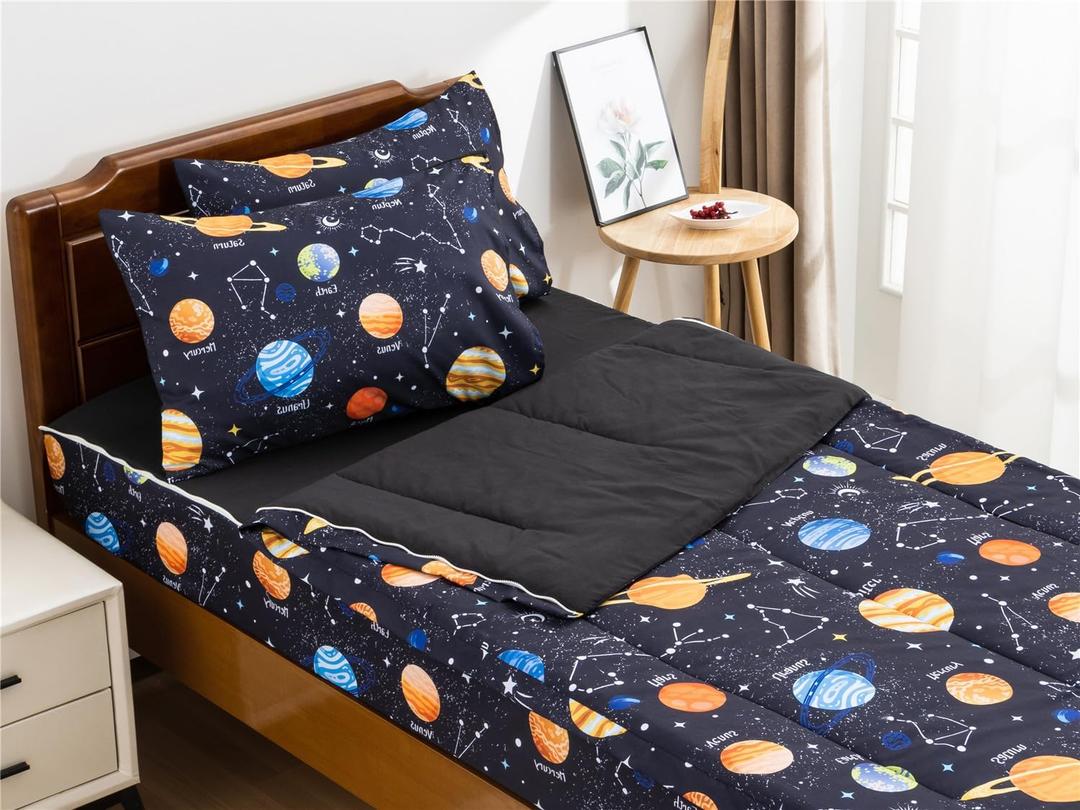 NTBED Galaxy Printed Zipper Bedding Sets Full Lightweight Microfiber Universe Comforter Sets with Fitted Sheet Pillow Covers,Navy Blue