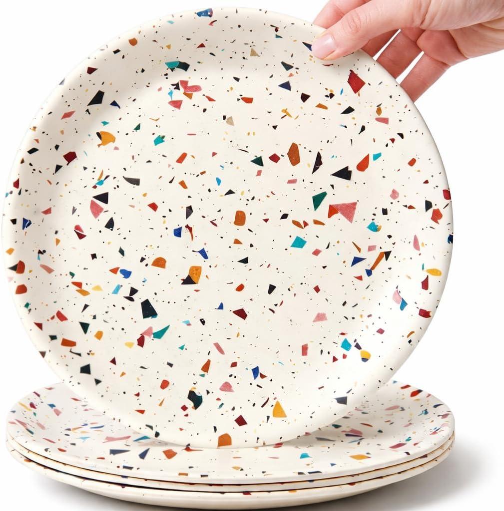 Bamboo 8-Inch Kids Plates 4-Pack Colorful, Non-Toxic Toddler Dinnerware, BPA-Free, Dishwasher Safe, Reusable Plates