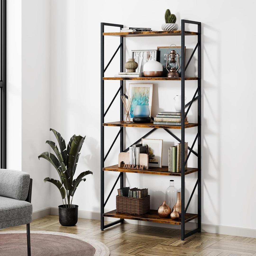 Shintenchi 5 Tiers Bookshelf, Classically Tall Bookcase Shelf, Industrial Book Rack, Modern Book Holder in Bedroom/Living Room/Home/Office, Storage Rack Shelves for Books/Movies-Rustic Brown