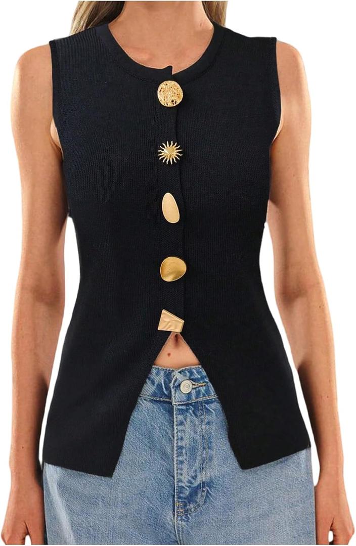 Milumia Women's Metal Decor Button Down Sweater Vest Sleeveless Knitted Tank Tops Waistcoat (L)