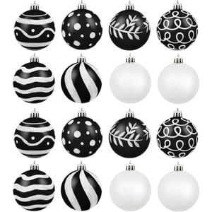 MCEAST 16 Pieces 3.15 Inches Christmas Balls Christmas Tree Pendants Shatterproof Decorative Baubles Balls for Christmas Tree Decoration, Black, White